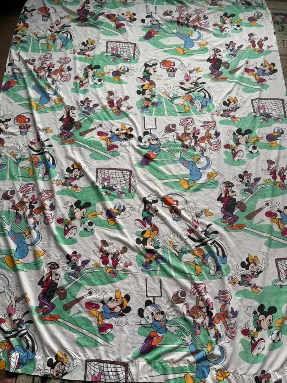 Vtg 80s Disney Mickey Mouse Friends Sports Twin Flat Sheet Pacific Fabric Craft